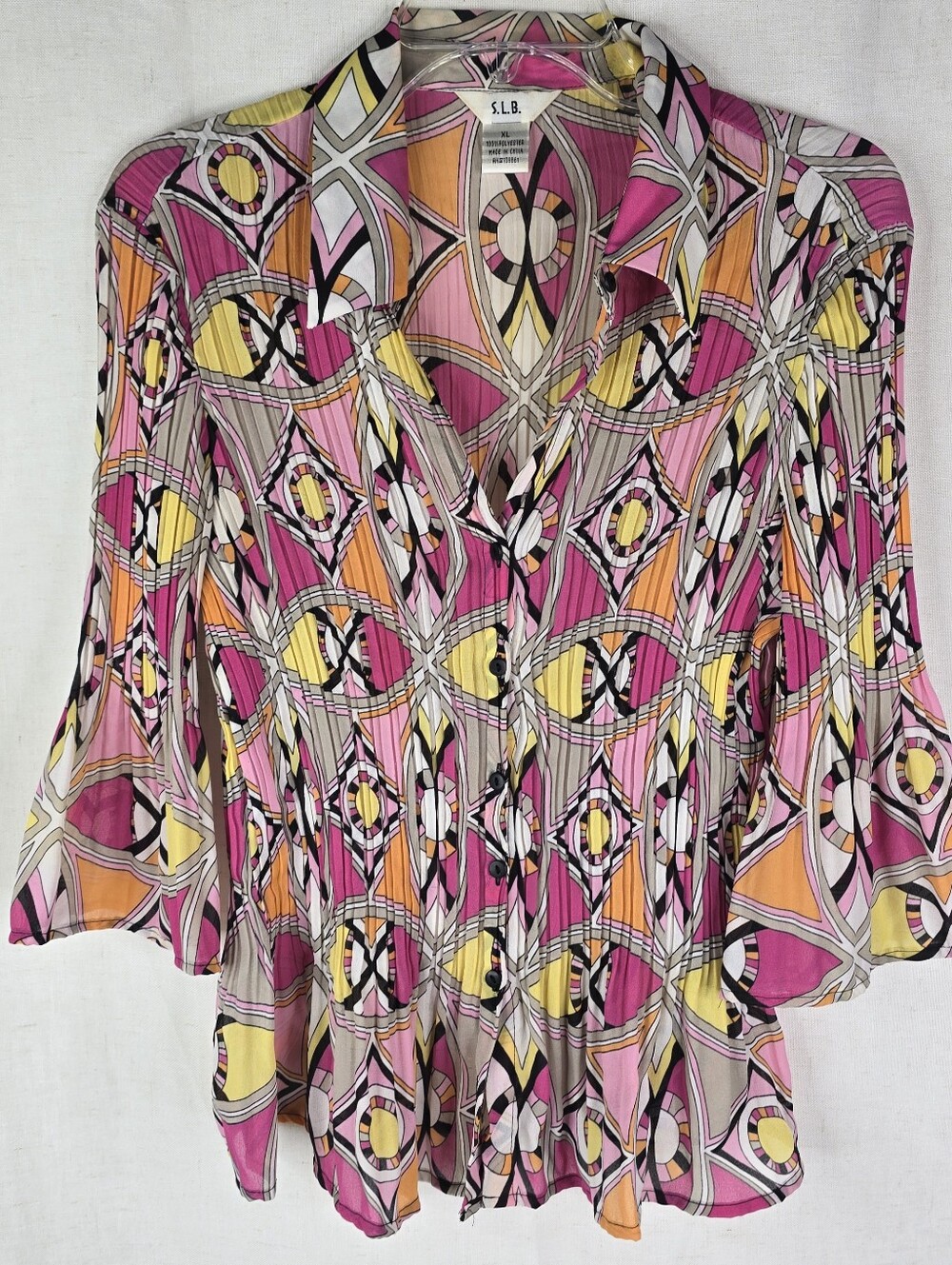 SLB Womens XL/Large Geometric Pink Crinkle Ruffle Bell Sleeve Fairycore Y2K